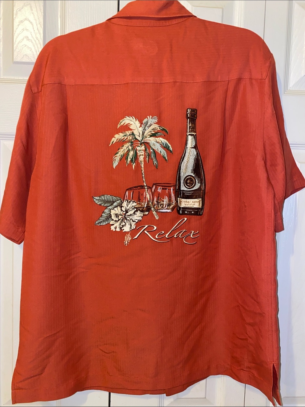 Caribbean Orange Short Sleeve Camp Shirt with Tropical Embroidery